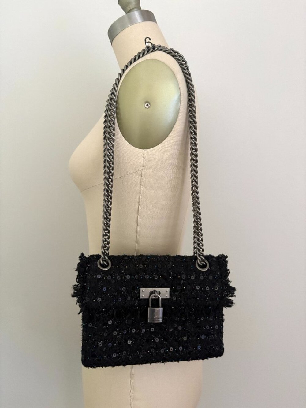 Kurt Geiger London Mini Brixton Black Tweed Sequin Lock Shoulder/Cross Y2K Glam